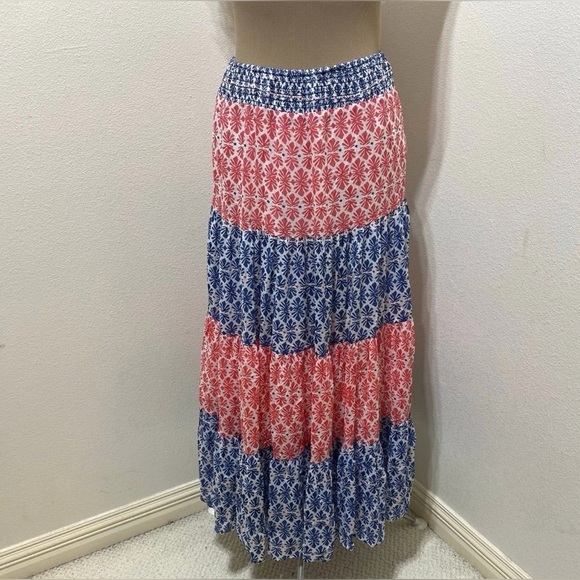 Vineyard Vines Block Print Tiered Skirt Floral Red and Blue Maxi Skirt - Picture 1 of 4